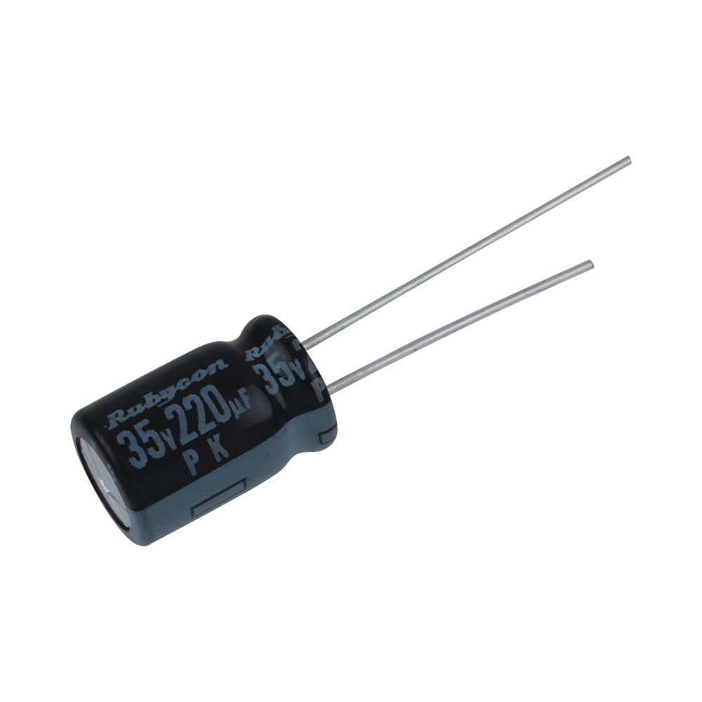 Capacitor Electrolítico Radial de Aluminio de 220 uFd, a 35 Volt.