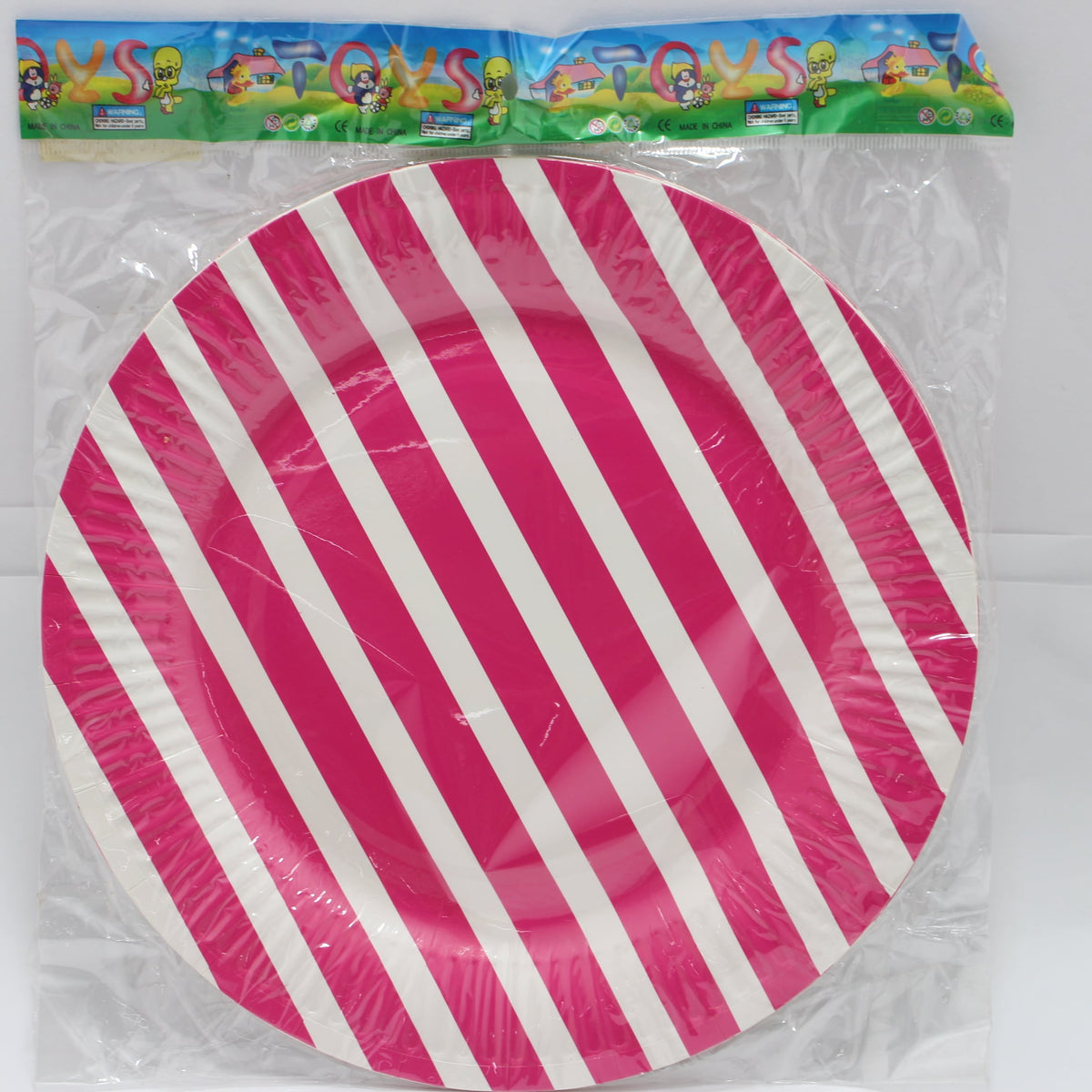 Plato carton fuscia rayas blacas bolsa