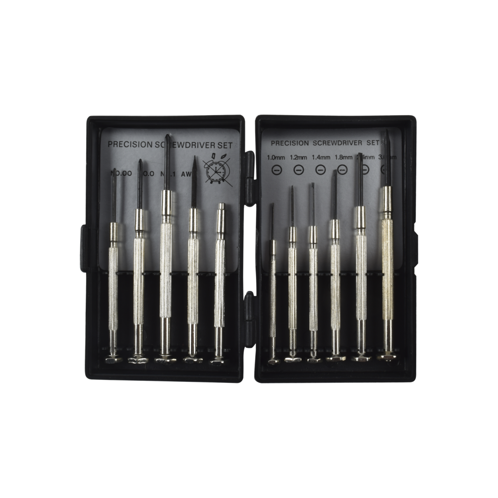 Set of 11 precision mini screwdrivers: 6-flat, 3-Phillips, 1-punch, and 1-magnetic, stored in a plastic case.