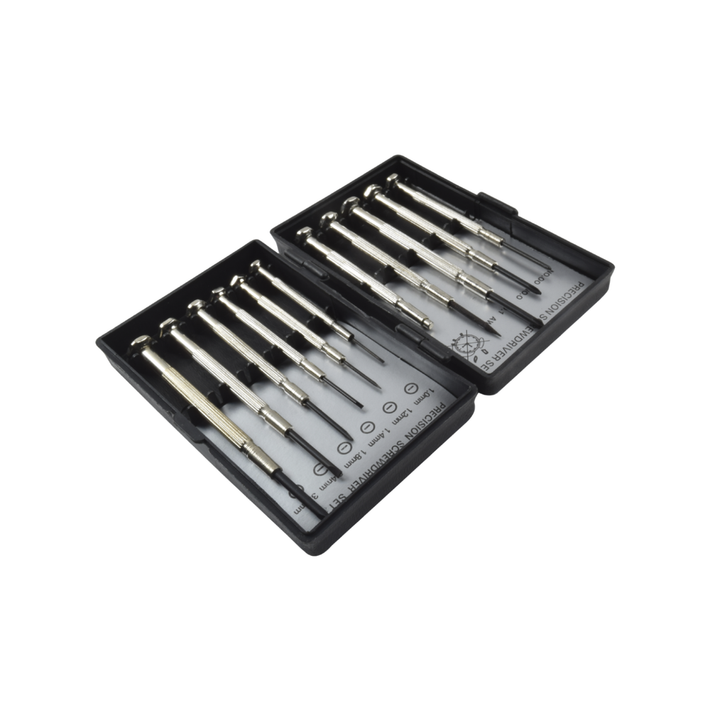Set of 11 precision mini screwdrivers: 6-flat, 3-Phillips, 1-punch, and 1-magnetic, stored in a plastic case.