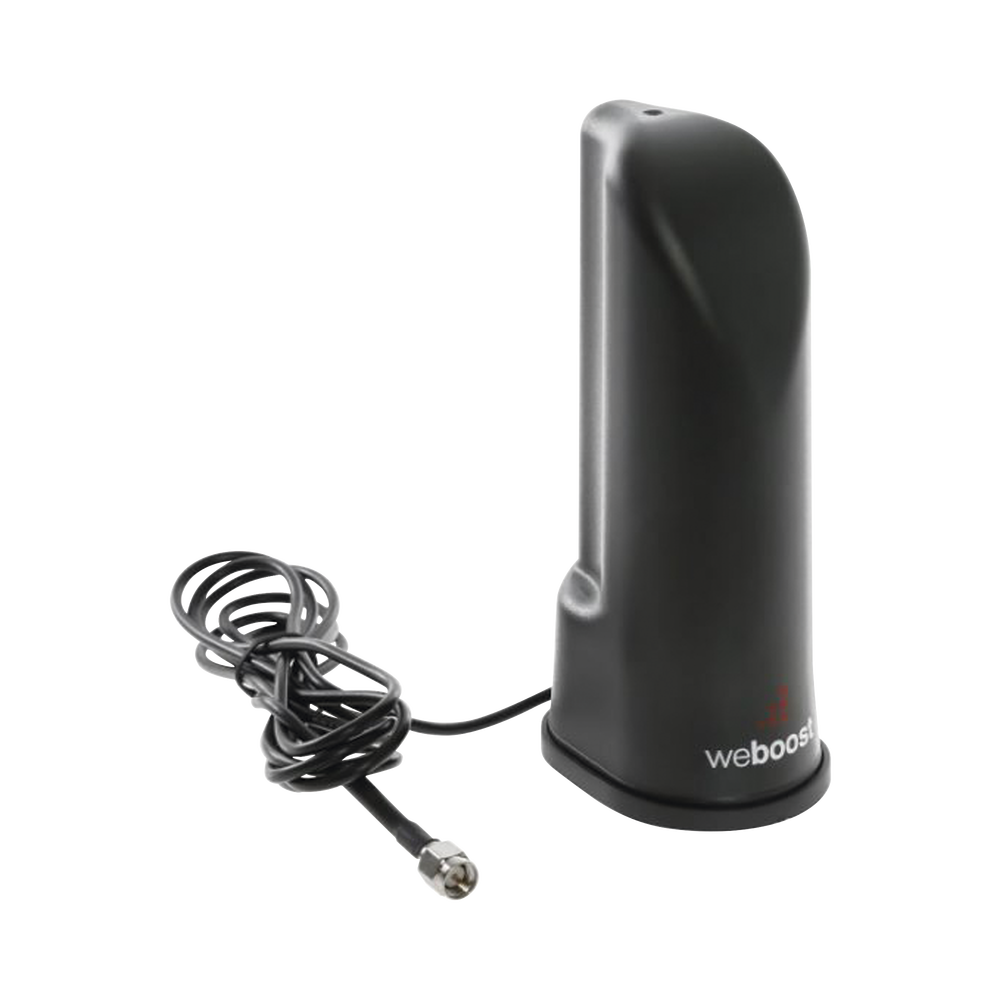 Black cylinder-type desktop antenna. Covers cellular frequency bands. Designed for 4G and 3G cellular amplifiers and devices. Includes 1.52 m of RG-174 cable and a male SMA connector.