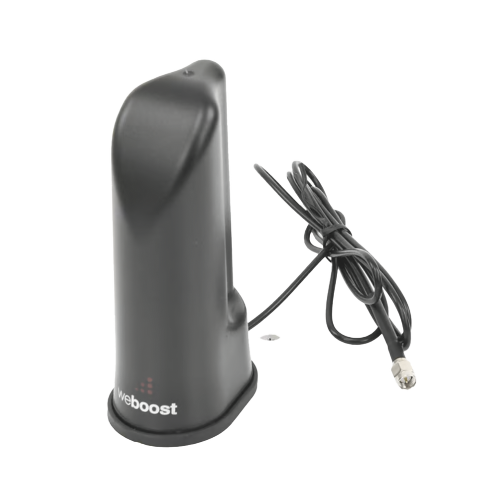 Black cylinder-type desktop antenna. Covers cellular frequency bands. Designed for 4G and 3G cellular amplifiers and devices. Includes 1.52 m of RG-174 cable and a male SMA connector.