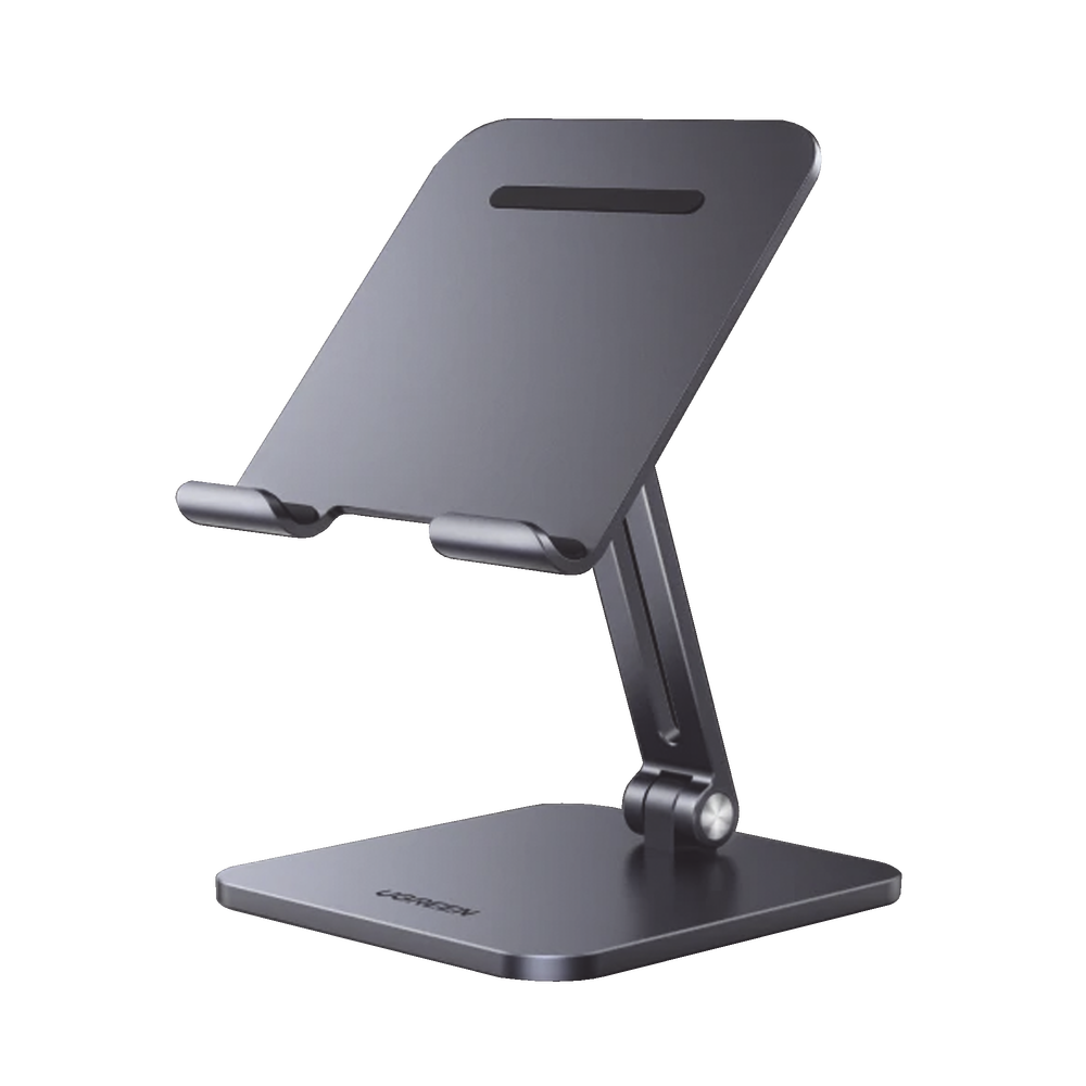 Soporte de Telefono Celular & Tablet / Plegable /Angulo Ajustable de 180° y 270° / Base Antideslizante / Proteccion e Silicona / Aluminio / Amplia Compatibilidad con dispositivos de 7.9'' a 12.9'' / Color Gris