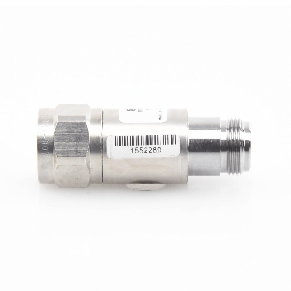 20 dB In-Line Attenuator, 5 W Maximum, CD-4 GHz, N Male-Female Connectors.