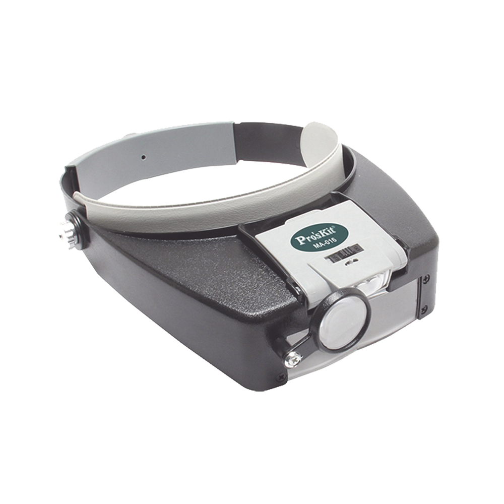 LED lamp on front strap with 1.8X, 2.6X and 5.8X magnifying lenses.