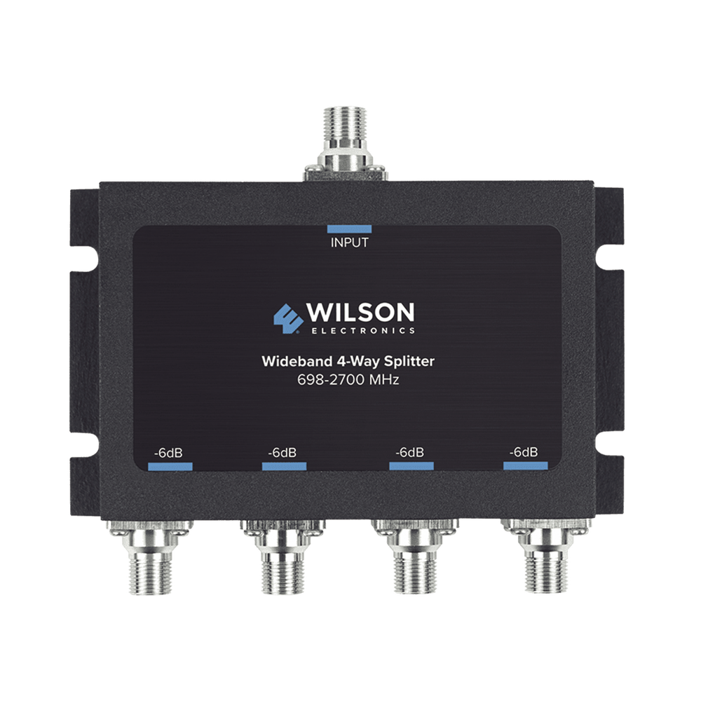 Divisor de potencia de 4 vías para la distribución de señal a dos antenas de servicio | 6 dB de pérdida por puerto | Conectores F hembra