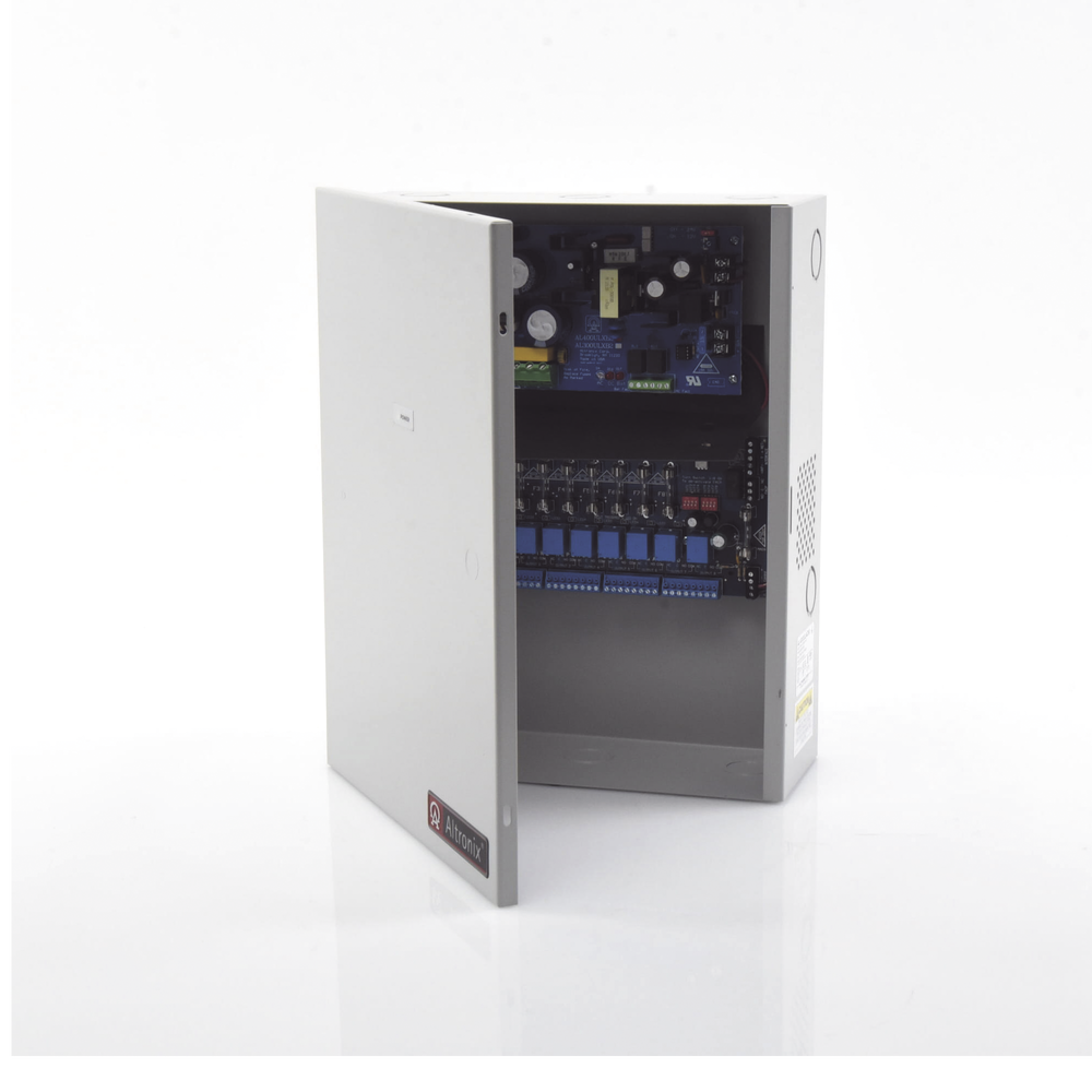 Power supply for access control and fire detection applications, with backup capacity for 12 and 24 Vdc @ 4 A, with 8 control circuits (NO) and 8 trigger control circuits, input voltage: 115 Vac, requires battery.