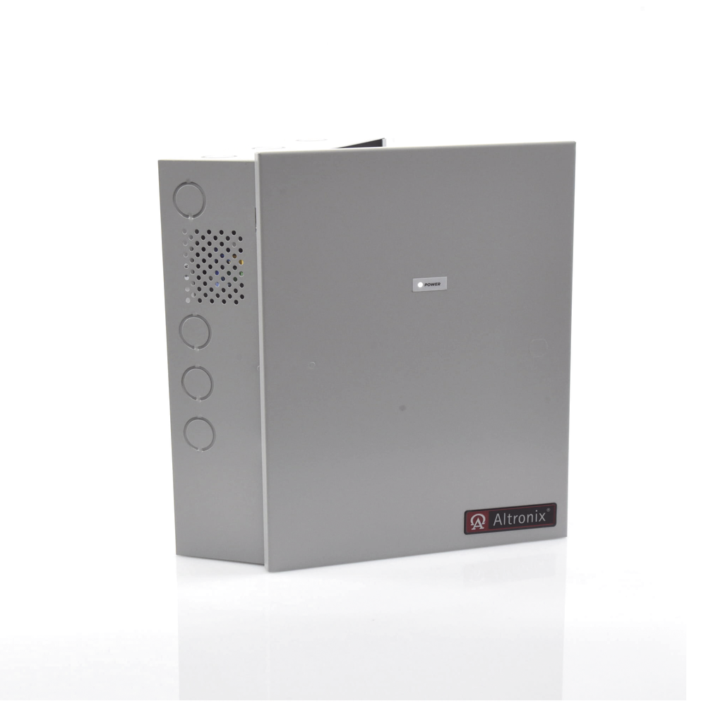 Power supply for access control and fire detection applications, with backup capacity for 12 and 24 Vdc @ 4 A, with 8 control circuits (NO) and 8 trigger control circuits, input voltage: 115 Vac, requires battery.