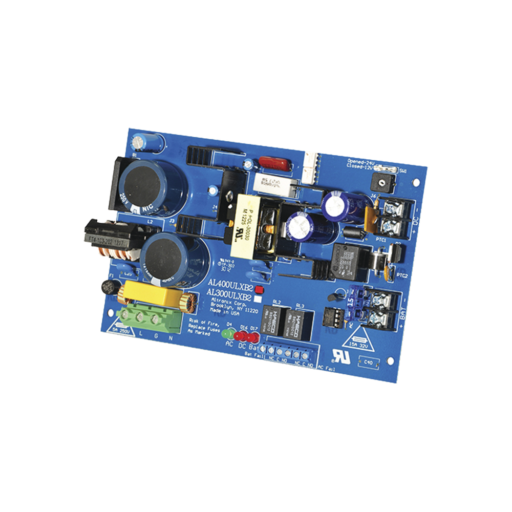 Fuente de alimentacion tipo tarjeta, salida seleccionable de 4 A@12 y 24 Vcd @ 3 A, capacidad de respaldo, reley de supervision