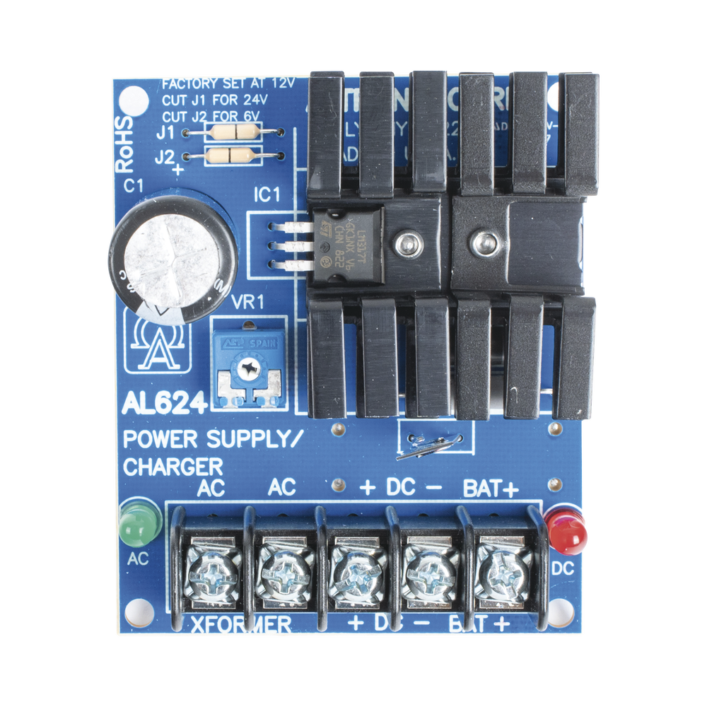 Linear Power Supply Type Printed Circuit for 6, 12, and 24 VDC with Battery-Based Backup Capacity.
