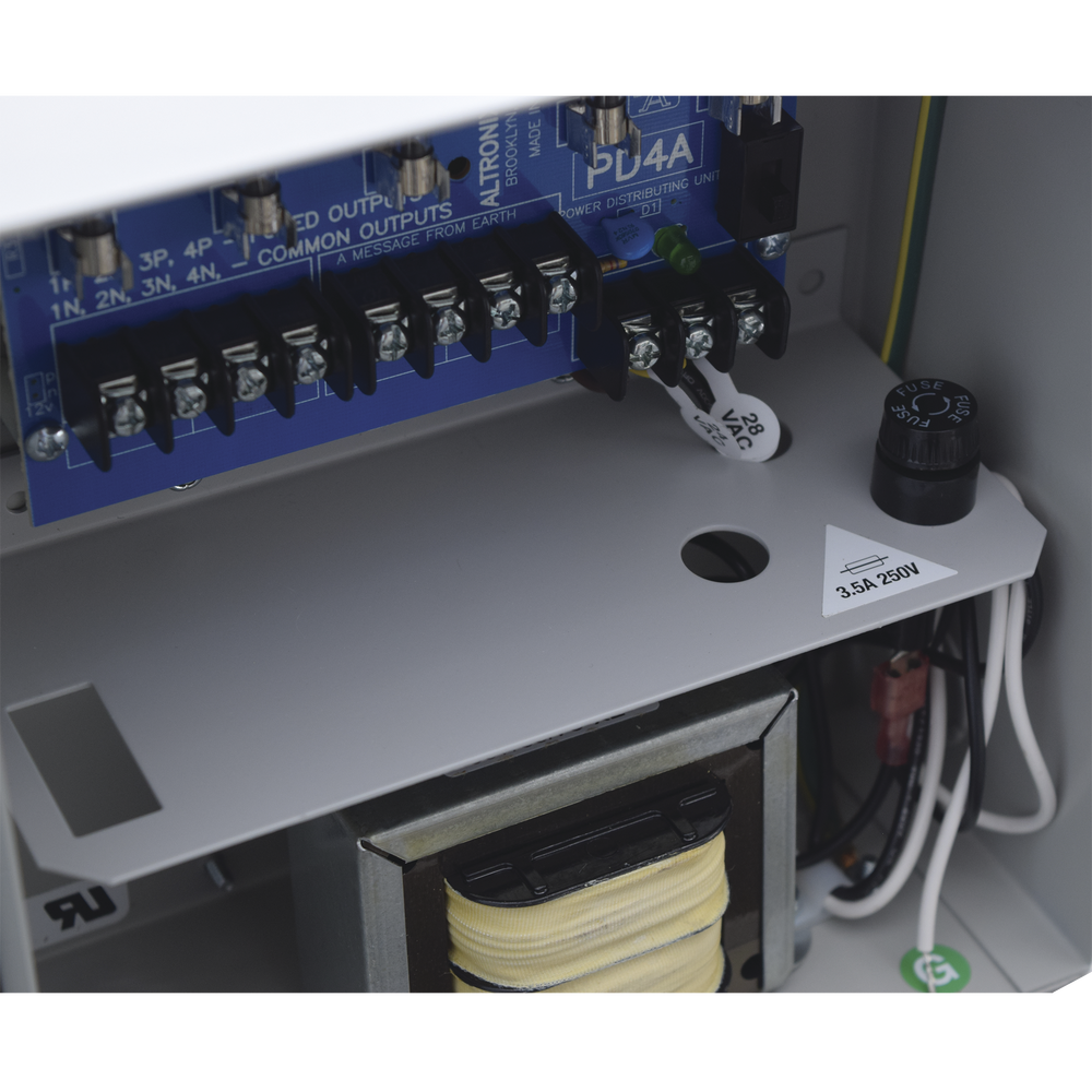 ALTRONIX 24 Vac @ 3.5 Amp or 28 Vac @ 3.0 Amp power supply, for 4 cameras, With 115 Vac input voltage, With battery backup capability, Requires battery