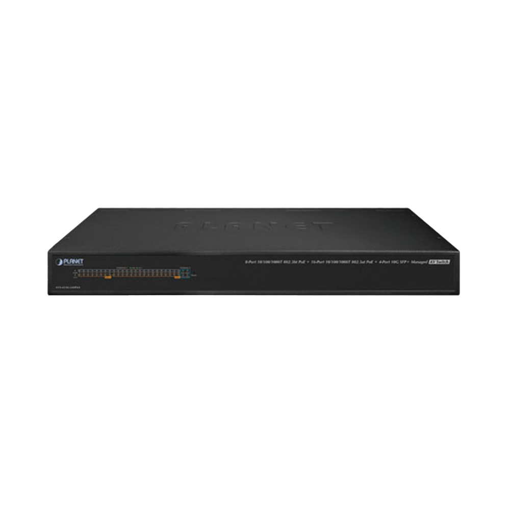 Managed AV Switch, 8 Gigabit 802.3bt PoE Ports, 16 Gigabit 802.3at PoE Ports, 4 10G SFP Ports, Up to 450W Power
