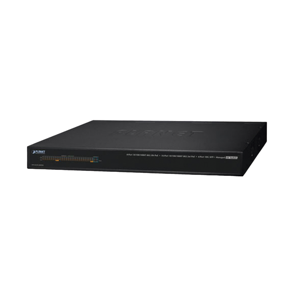 Switch AV Administrable, 8 Puertos PoE Gigabit 802.3bt, 16 Puertos PoE Gigabit 802.3at, 4 Puertos SFP 10 G, Hasta 450 W de Potencia