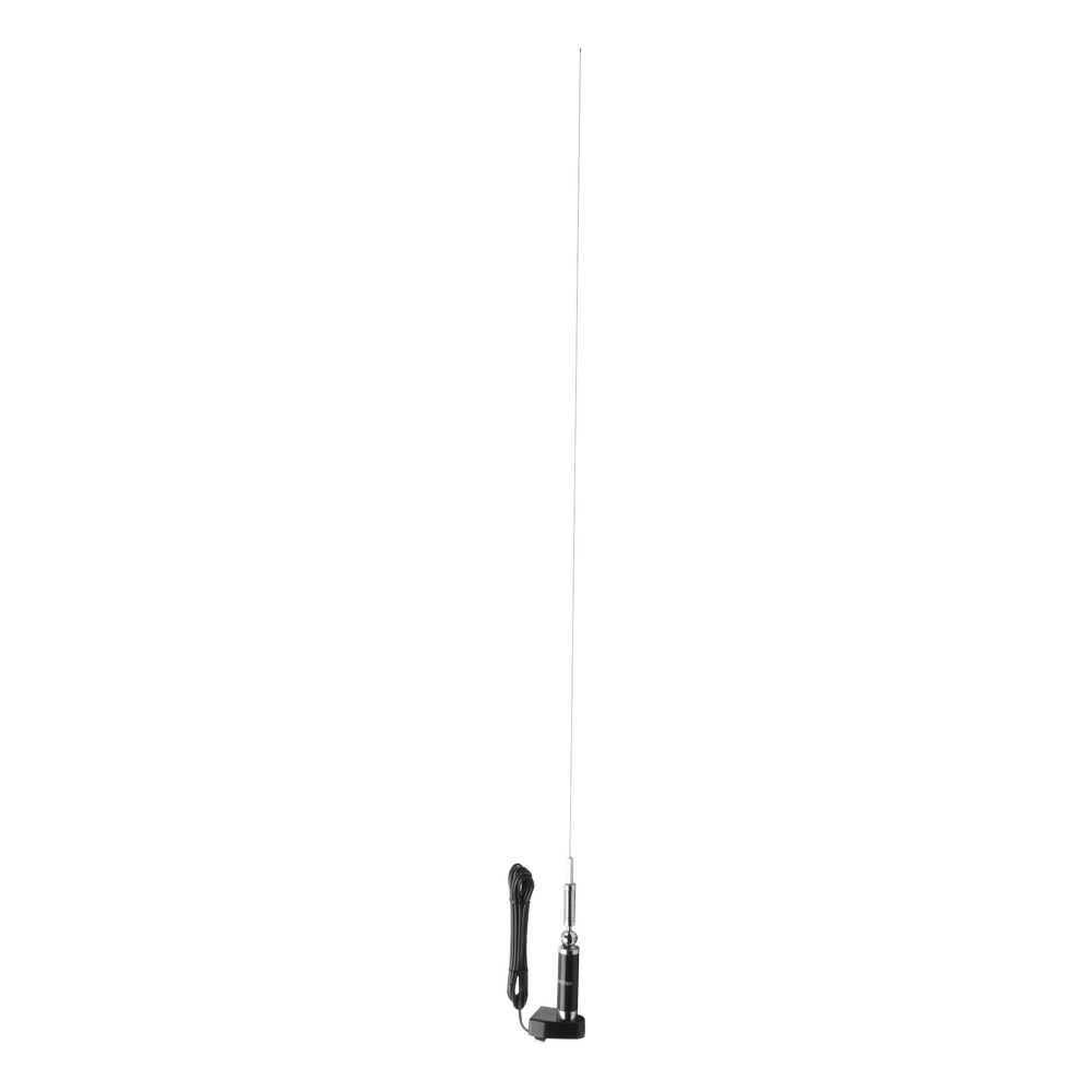 VHF Antena Ajustable / 148-174 MHz / 3.4 dB / 200 W / Cable 5m RG-58U / Conector UHF Male PL-259 / Longitud Máxima 132 cm / Montaje en Maletero