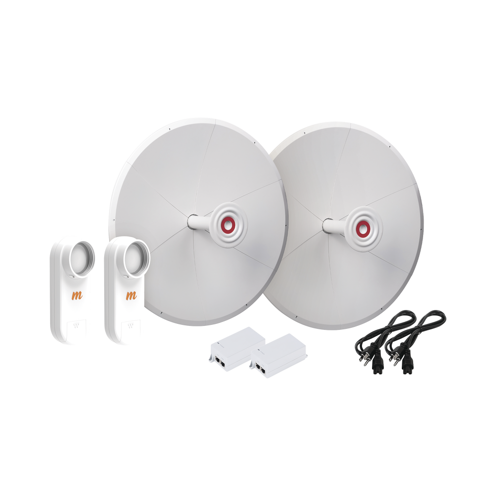 Kit de 2 radios C5XIP67 con antenas TXPD30C5X (30 dBi), rango de frecuencia extendida (4.9 a 6.4 GHz), incluye inyector POE y cable de alimentación