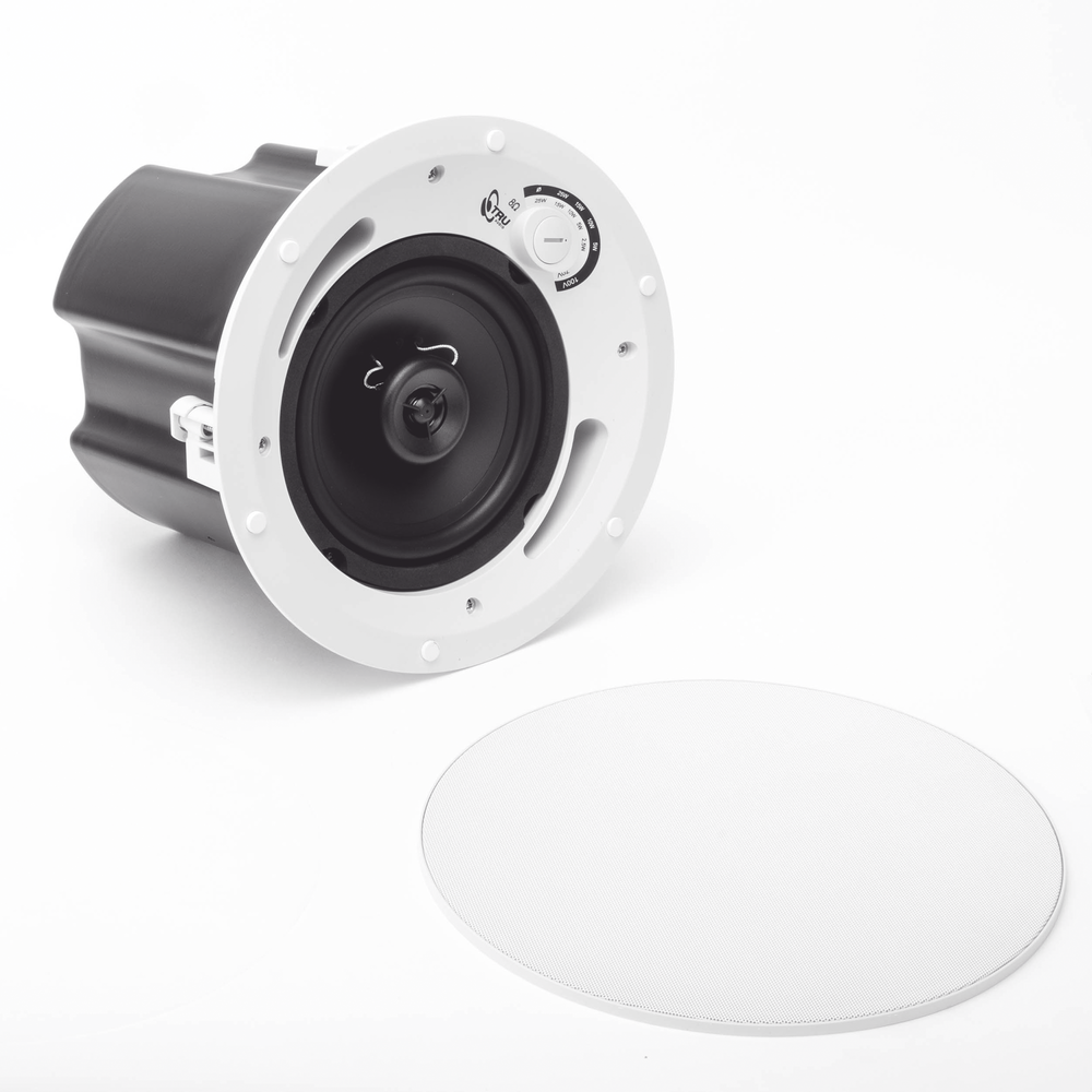 2-way commercial speaker, 70V/100V/8 Ohms, in-ceiling, 6.5" polypropylene woofer, 3/4" PEI tweeter, 5-60 Watts, UL