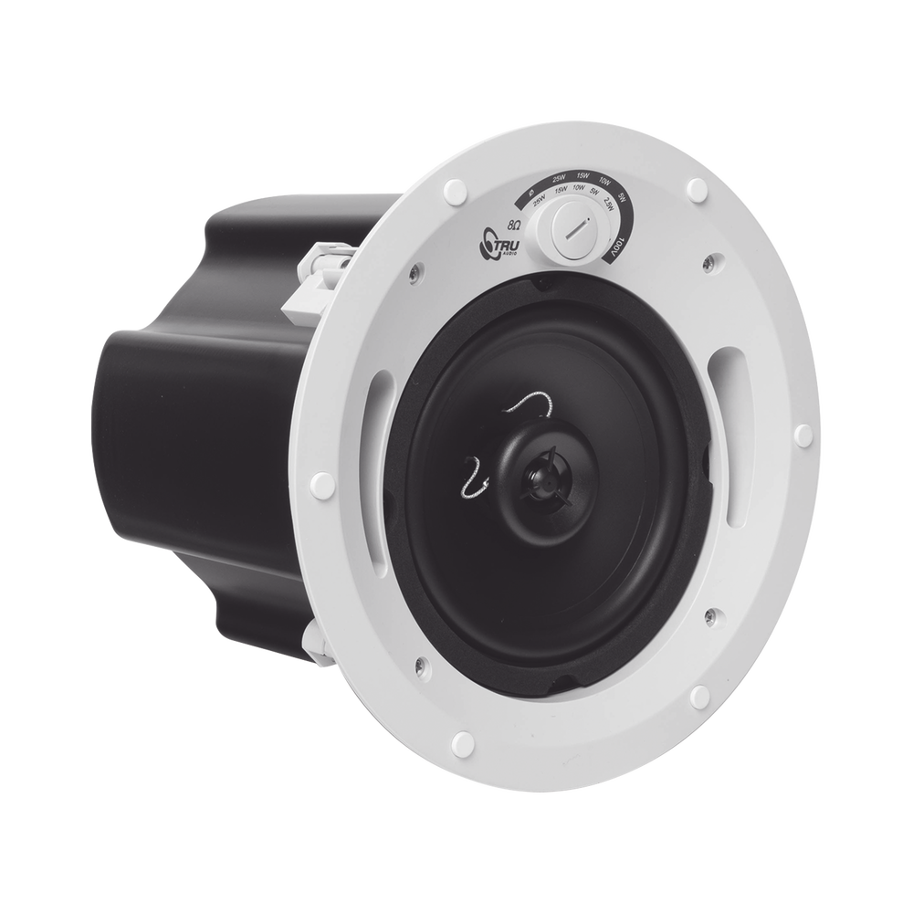 2-way commercial speaker, 70V/100V/8 Ohms, in-ceiling, 6.5" polypropylene woofer, 3/4" PEI tweeter, 5-60 Watts, UL