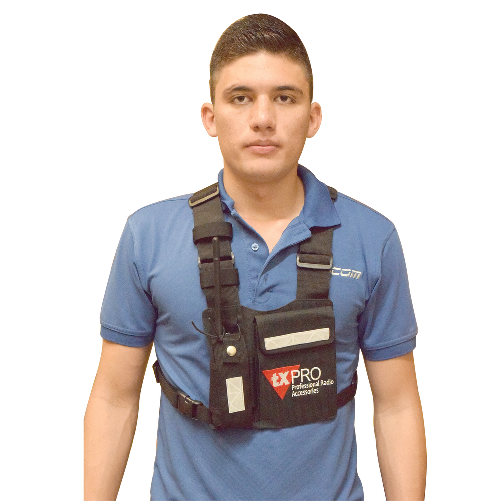 Universal chest pack with radio holder, pen loop, and tape-on pouch security. TX-PRO logo.