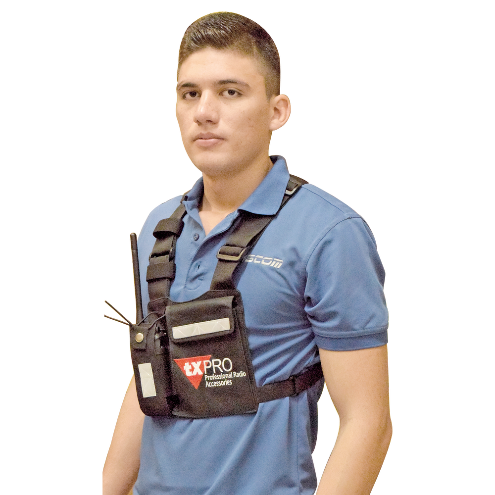 Universal chest pack with radio holder, pen loop, and tape-on pouch security. TX-PRO logo.