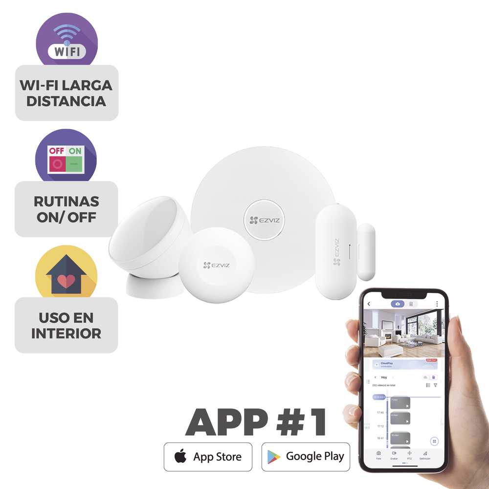 Kit de Alarma Inalambrico / Incluye: 1 Hub, 1 Sensor PIR, 1 Contacto Magnético 1 Smart boton / Configuracion y visualización por aplicación móvil EZVIZ