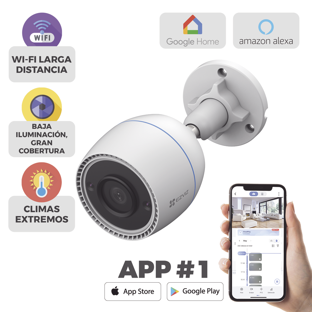 Bala IP 2 Megapíxel / Wi-Fi / Micrófono integrado / Visión 106° / Detección de movimiento / Notificación Push / Ranura Para Memoria / Uso en Exterior