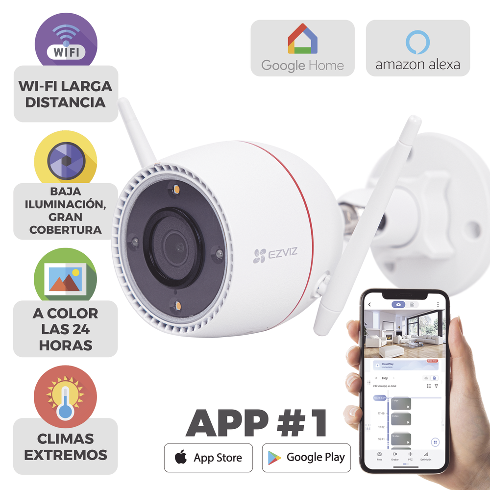 Bala IP 3 Megapíxel / Wi-Fi / Audio de Dos Vías / Visión Nocturna en Color / Sirena / Estrobo / Detección de movimiento / Notificación Push / Ranura Para Memoria / Uso en Exterior
