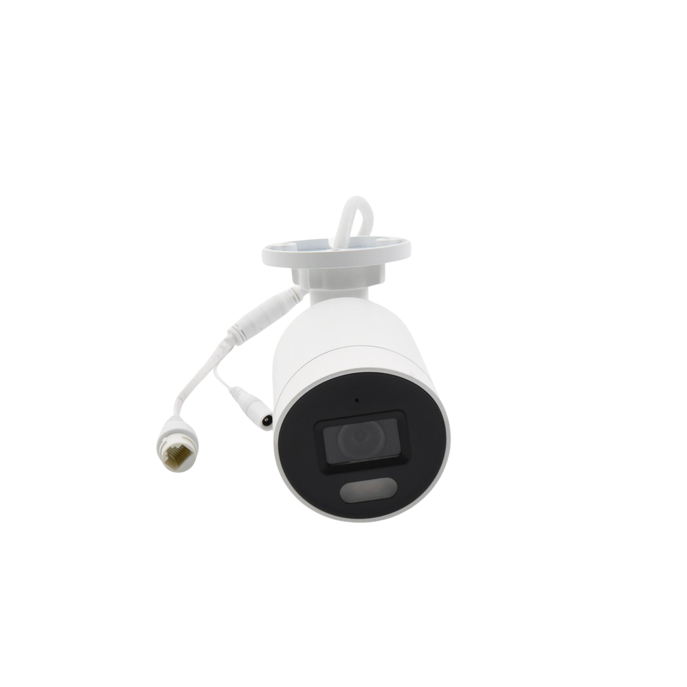 Bala IP 4 Megapixel / Imagen a Color 24/7 / PoE / Lente 2.8 mm / Luz Blanca 40 mts / Exterior IP67 / Luz Intermitente y Alerta de Audio / Videoanaliticos (Filtro de Falsas Alarmas) / WDR 130 dB / MicroSD