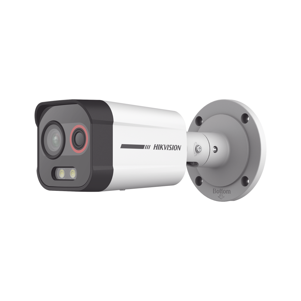 Bala IP Dual / Térmica 2.6 mm (96 × 72) / Óptico 6 mm (4 Megapixel) / 30 mts IR / Exterior IP67 / PoE / Termométrica / Detección de Temperatura / Sirena y Luz Intermitente Integrada / MicroSD 256 GB.