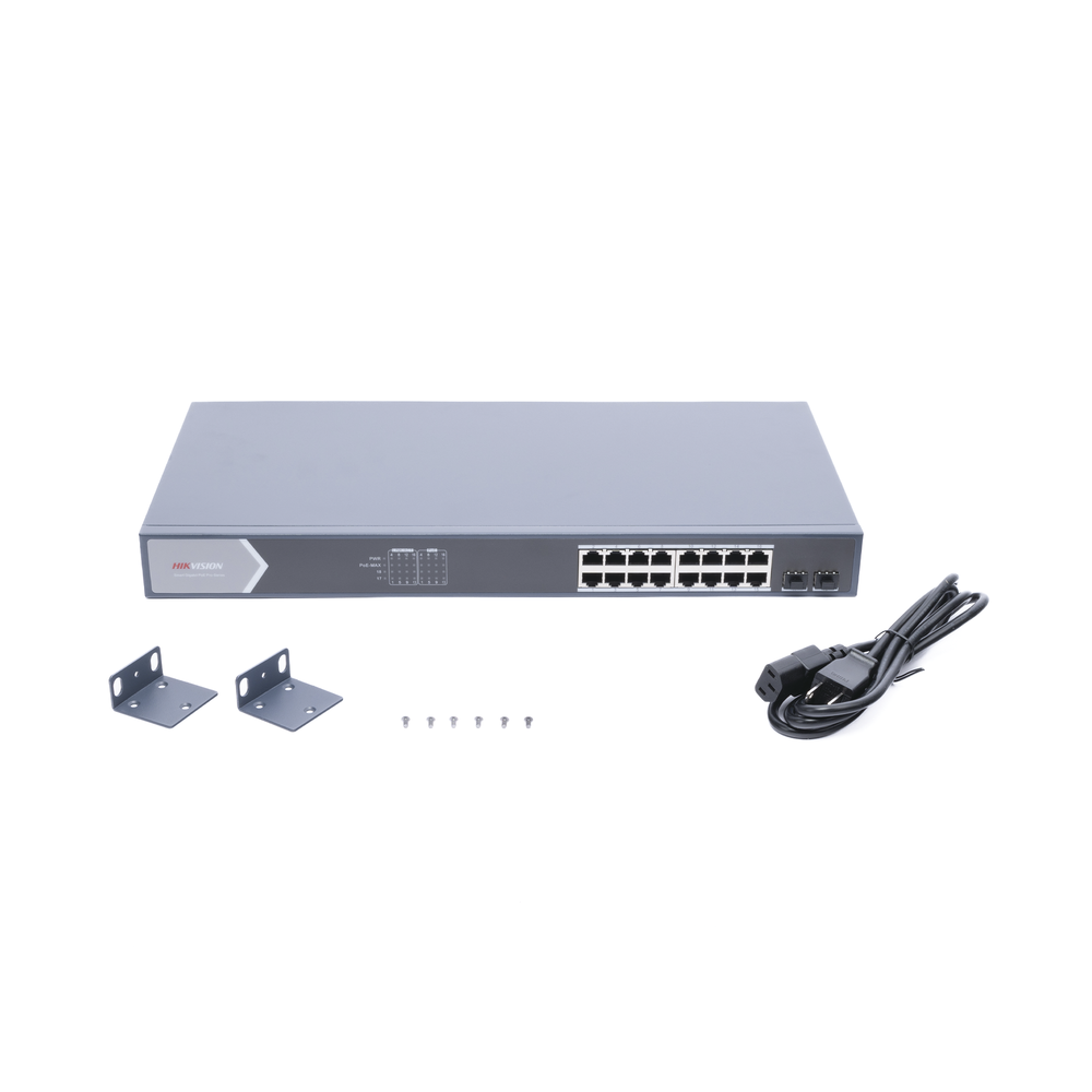 Gigabit PoE+ Switch / Manageable / 16 10/100/1000 Mbps PoE+ ports / 2 SFP ports / remote configuration from Hik-ProConnect / PoE up to 250 meters / 225 W