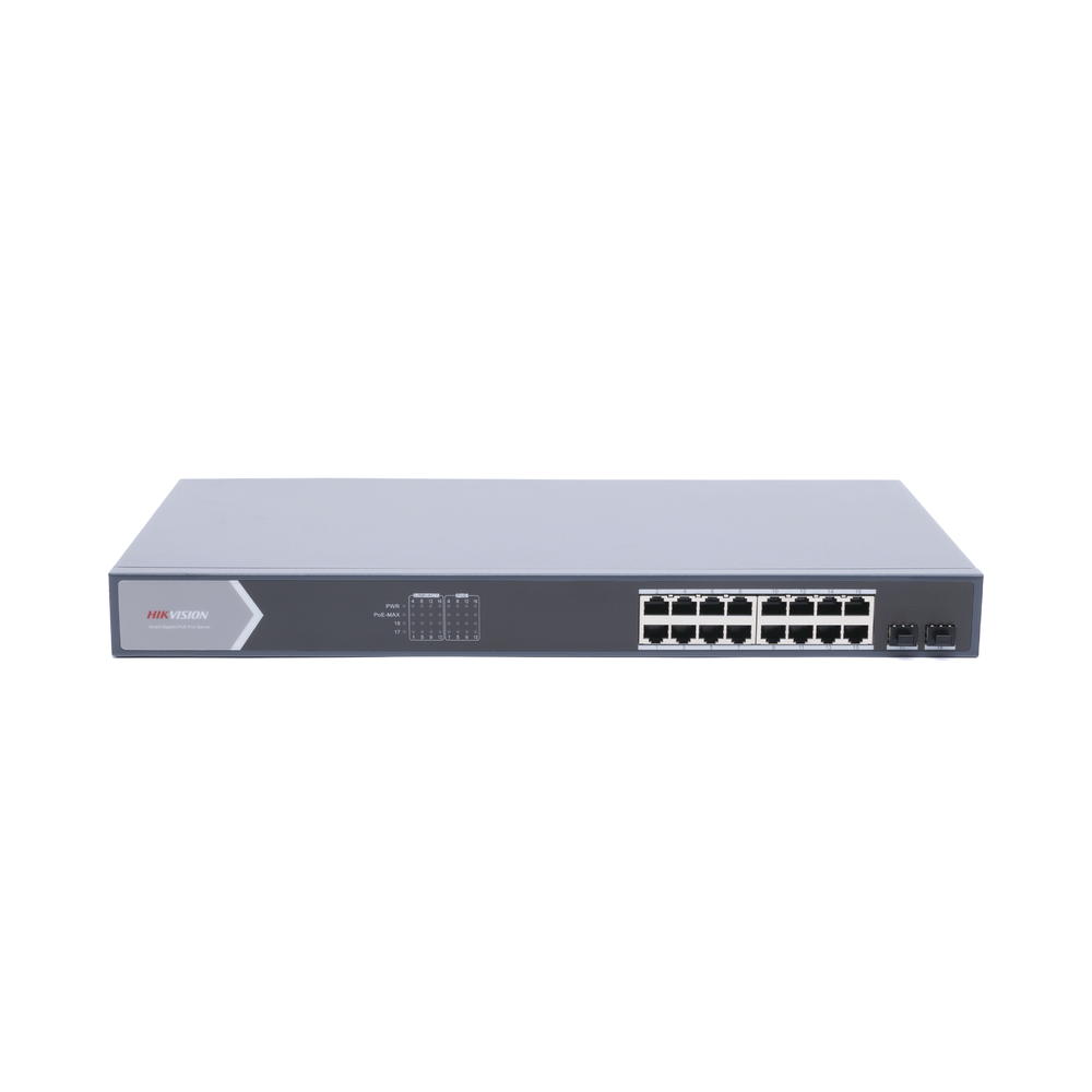 Gigabit PoE+ Switch / Manageable / 16 10/100/1000 Mbps PoE+ ports / 2 SFP ports / remote configuration from Hik-ProConnect / PoE up to 250 meters / 225 W