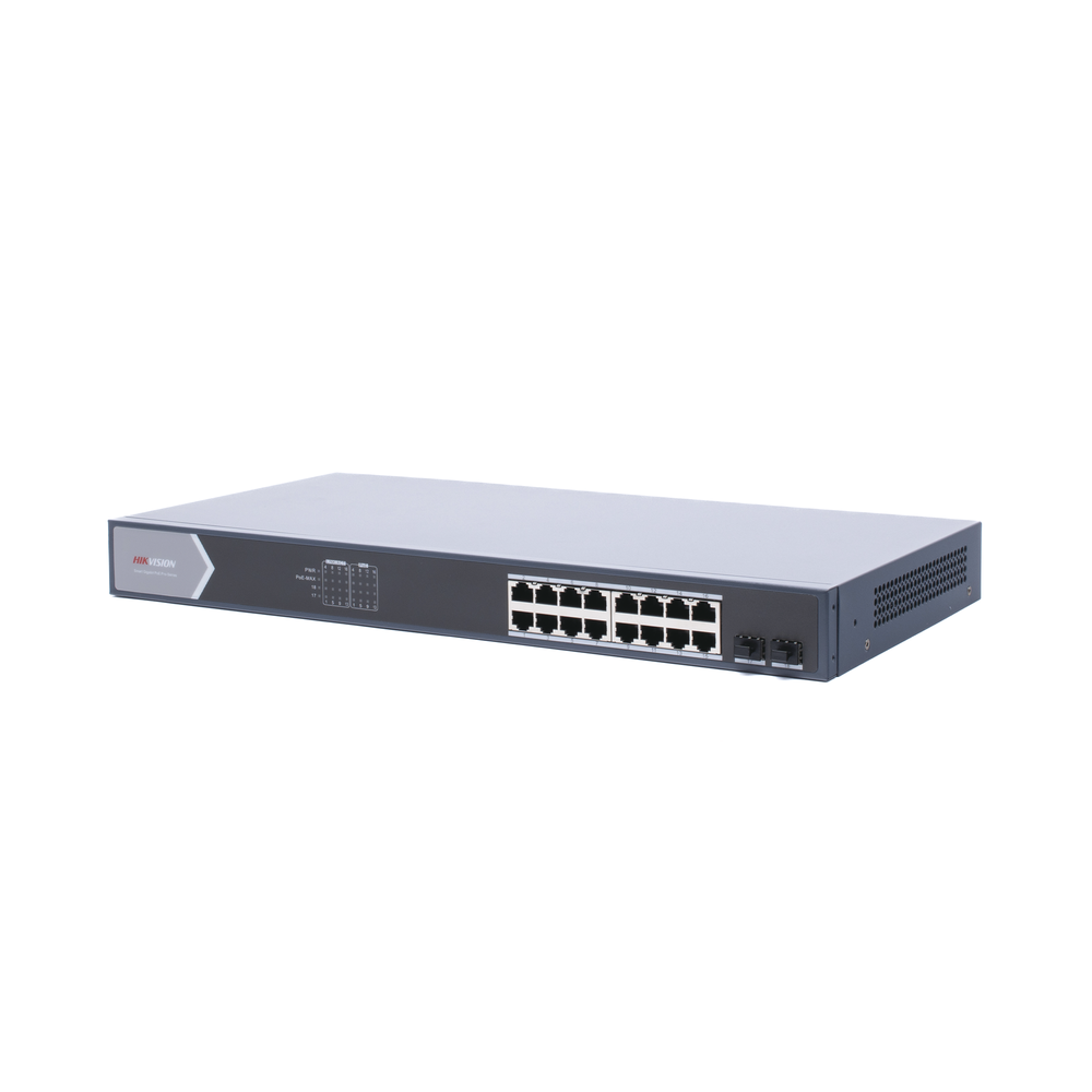 Gigabit PoE+ Switch / Manageable / 16 10/100/1000 Mbps PoE+ ports / 2 SFP ports / remote configuration from Hik-ProConnect / PoE up to 250 meters / 225 W