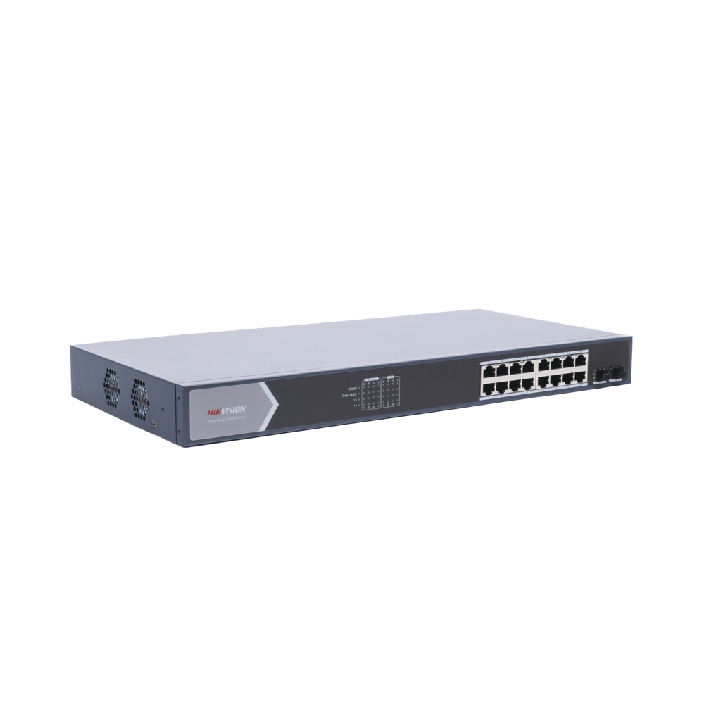 Gigabit PoE+ Switch / Manageable / 16 10/100/1000 Mbps PoE+ ports / 2 SFP ports / remote configuration from Hik-ProConnect / PoE up to 250 meters / 225 W