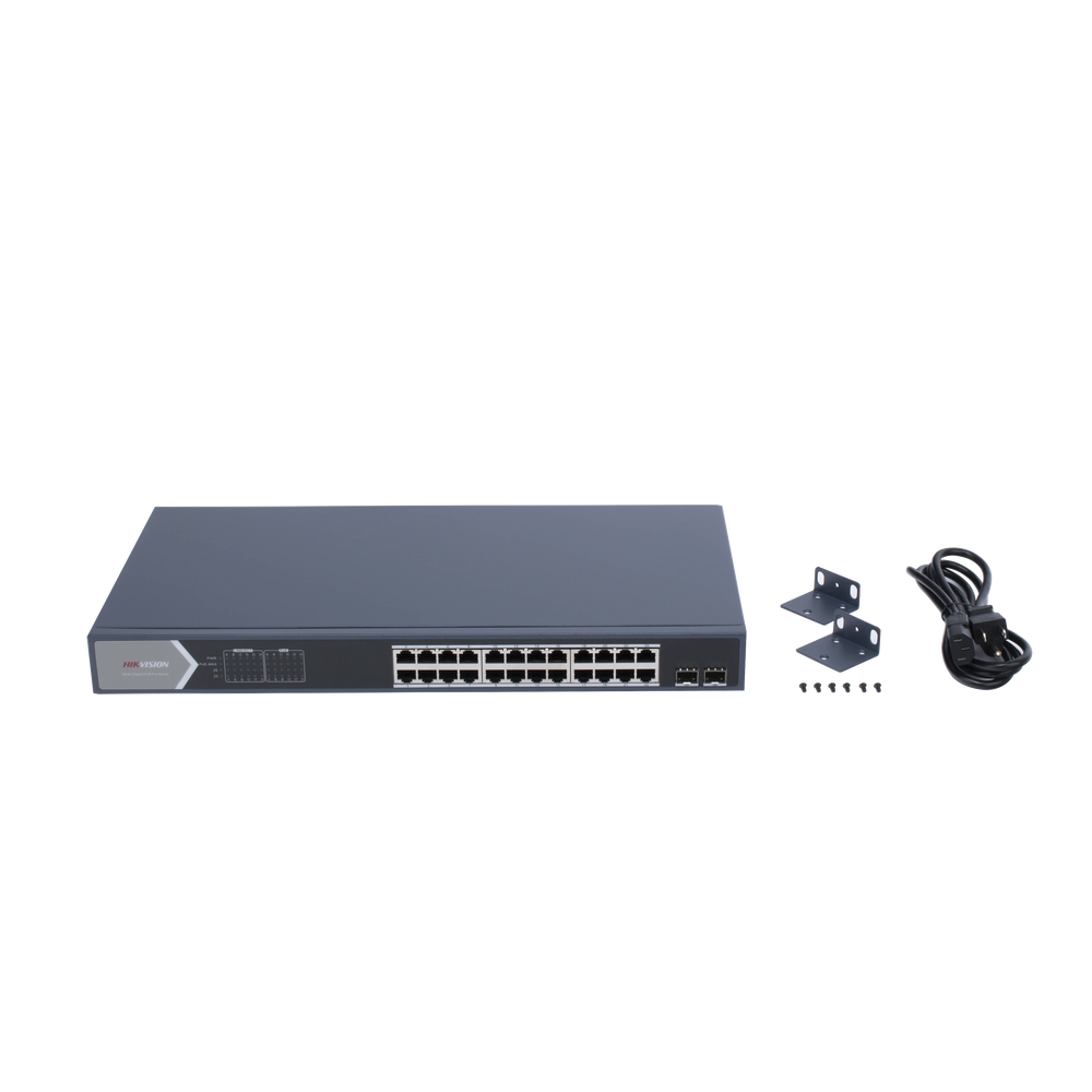 Switch Gigabit PoE+ / Administrable / 24 puertos 10/100/1000 Mbps PoE+ / 2 puertos SFP / configuración remota desde Hik-ProConnect / PoE hasta 250 metros / 370 W