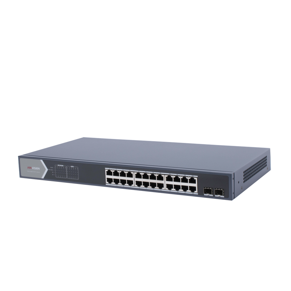 Switch Gigabit PoE+ / Administrable / 24 puertos 10/100/1000 Mbps PoE+ / 2 puertos SFP / configuración remota desde Hik-ProConnect / PoE hasta 250 metros / 370 W