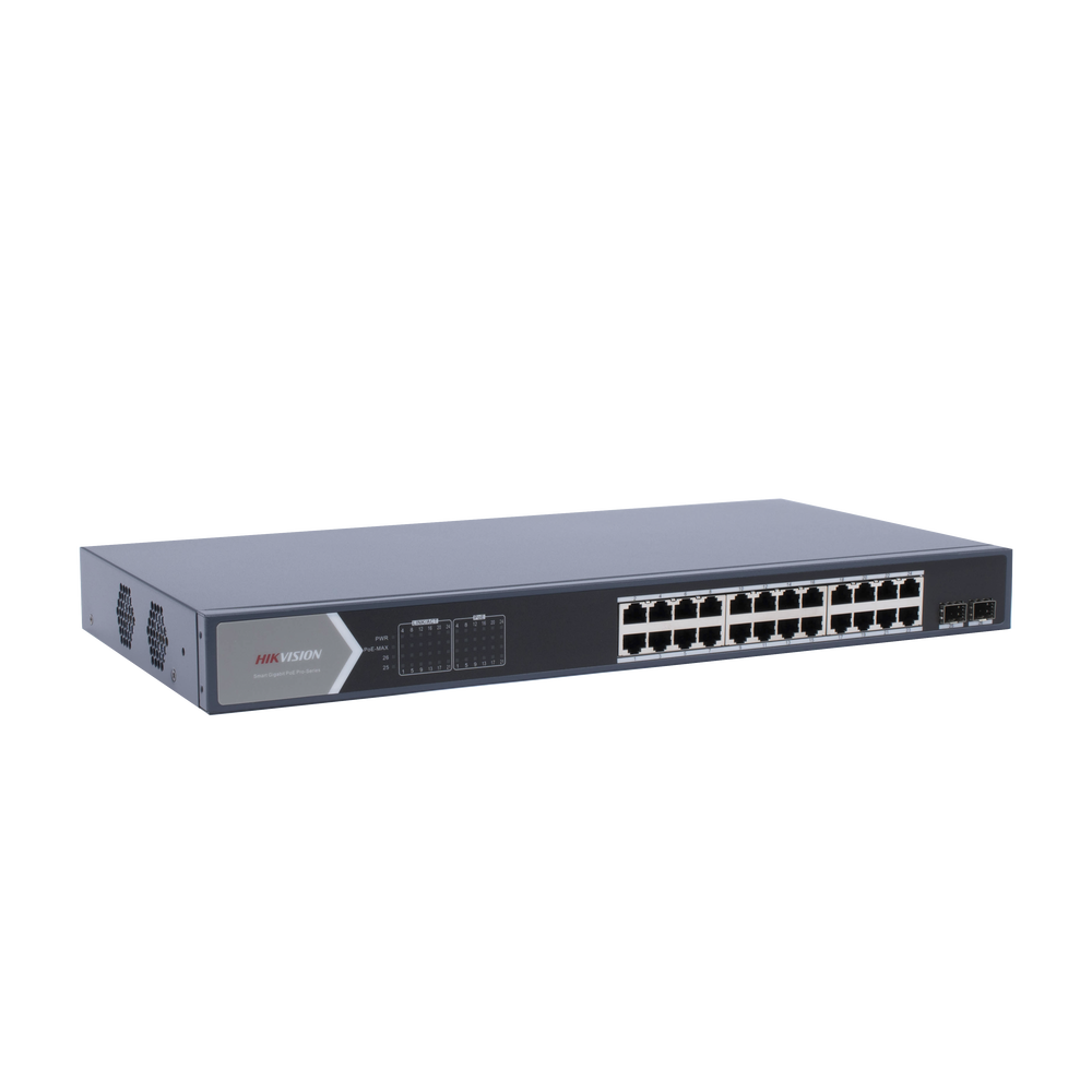 Switch Gigabit PoE+ / Administrable / 24 puertos 10/100/1000 Mbps PoE+ / 2 puertos SFP / configuración remota desde Hik-ProConnect / PoE hasta 250 metros / 370 W