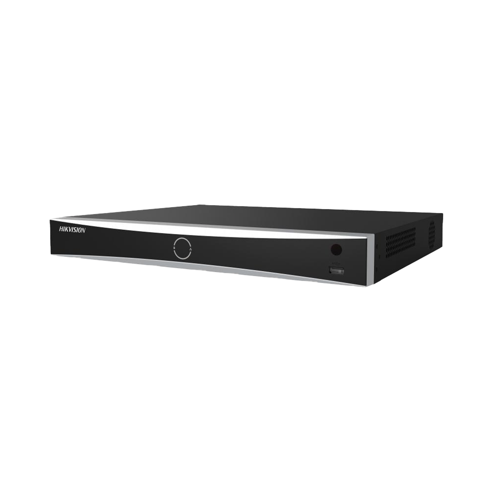 NVR 12 Megapixel (4K) / 16 Canales IP / 16 Puertos PoE+ / Reconocimiento Facial / AcuSense (Evita Falsas Alarmas) / 2 Bahías de Disco Duro / Switch PoE 300 mts / HDMI en 4K / Alarmas I/O / 300 Metros PoE Modo Extendido