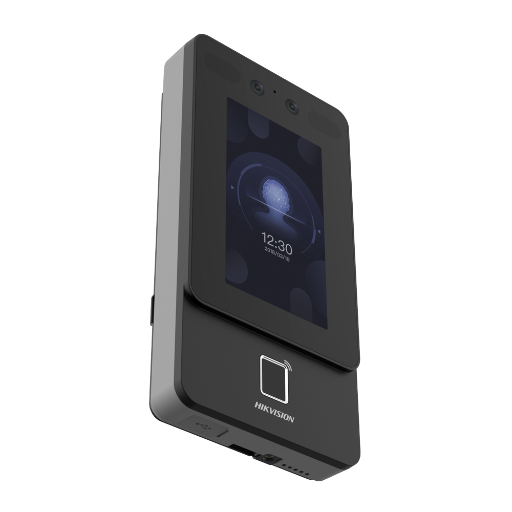 Min Moe WiFi Terminal for Facial and Fingerprint Recognition with MIFARE reader / IP65 Exterior / Up to 1.5 meters in facial reading / Supports P2P Hik-Connect / 1,500 Faces / 3,000 Fingerprints / Video intercom / POE.
