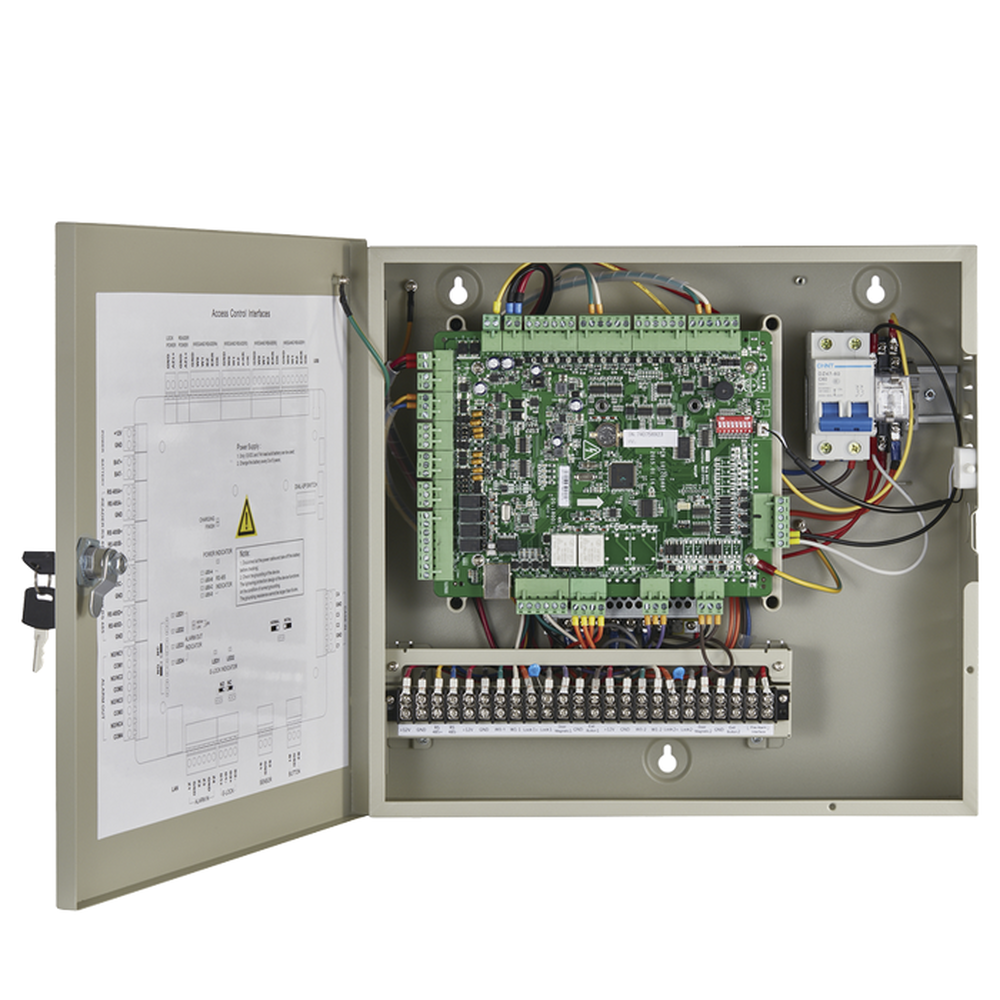 Access Controller / 2 Doors / 4 Fingerprint and Card Readers / Video Integration / 100,000 Cards / Includes Cabinet and 12VDC/8A Power Supply / Supports Backup Battery