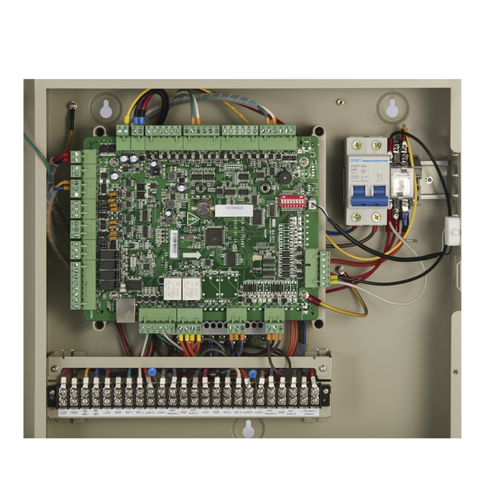 Access Controller / 2 Doors / 4 Fingerprint and Card Readers / Video Integration / 100,000 Cards / Includes Cabinet and 12VDC/8A Power Supply / Supports Backup Battery