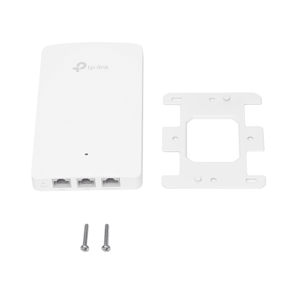 Omada Dual Band 802.11ac Access Point, 802.3af/at PoE, MU-MIMO, 2x2 MIMO wall plate design with three additional ports, supports up to 100 clients.