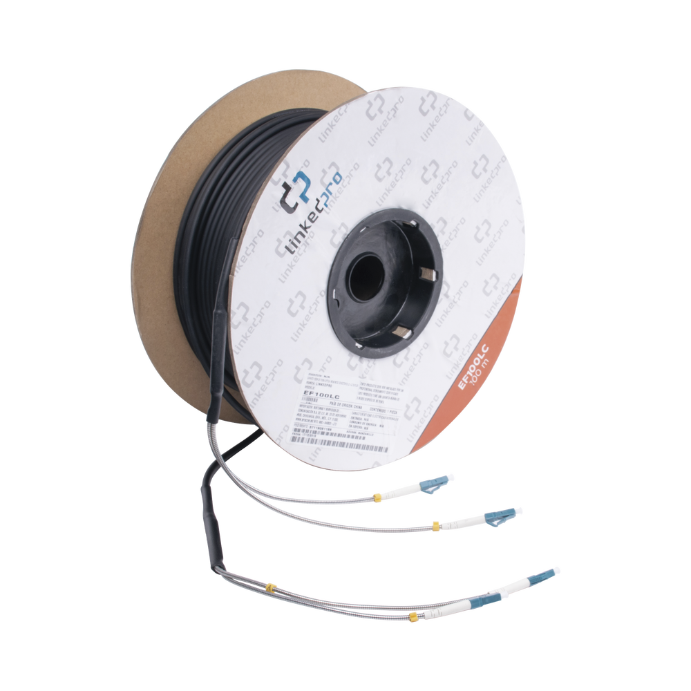 Carrete de Fibra Óptica Monomodo con conectores LC-LC Duplex, Reforzada con Kevlar, de 100 metros