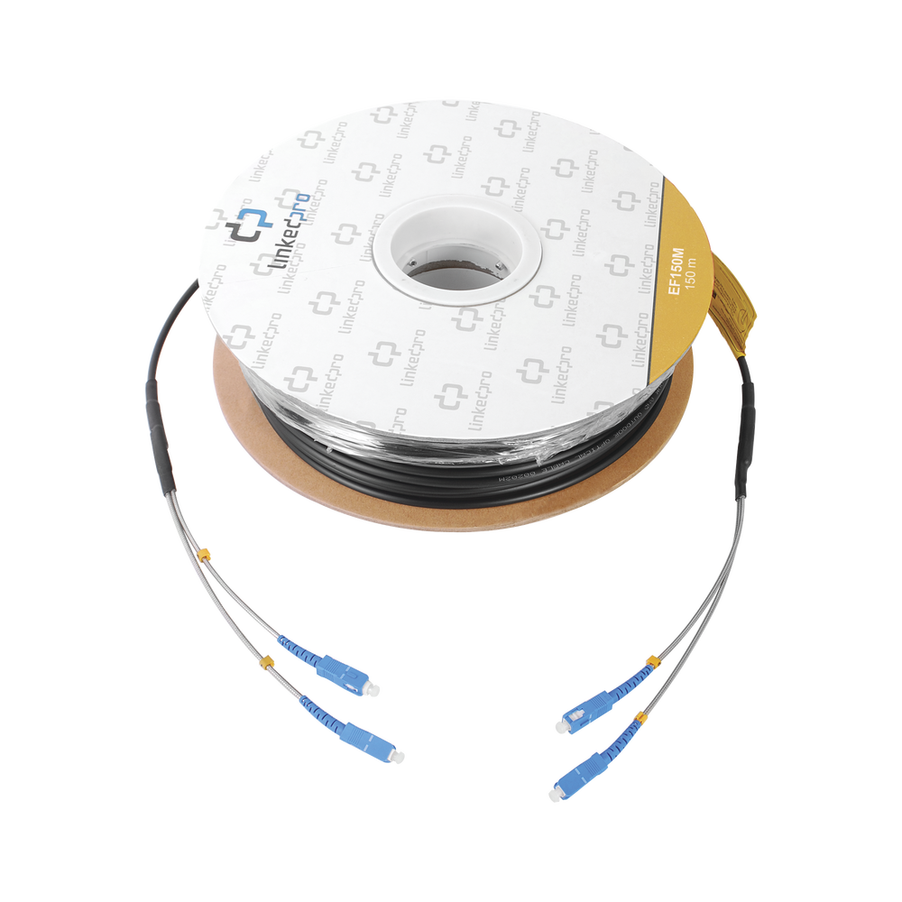 Carrete de Fibra Óptica Monomodo con conectores SC-SC Duplex, Reforzada con Kevlar, de 150 metros