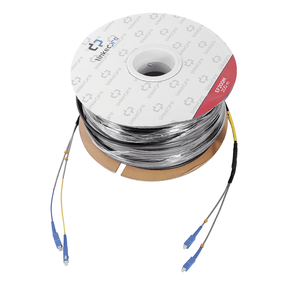 Carrete de Fibra Óptica Monomodo con conectores SC-SC Duplex, Reforzada con Kevlar, de 200 metros