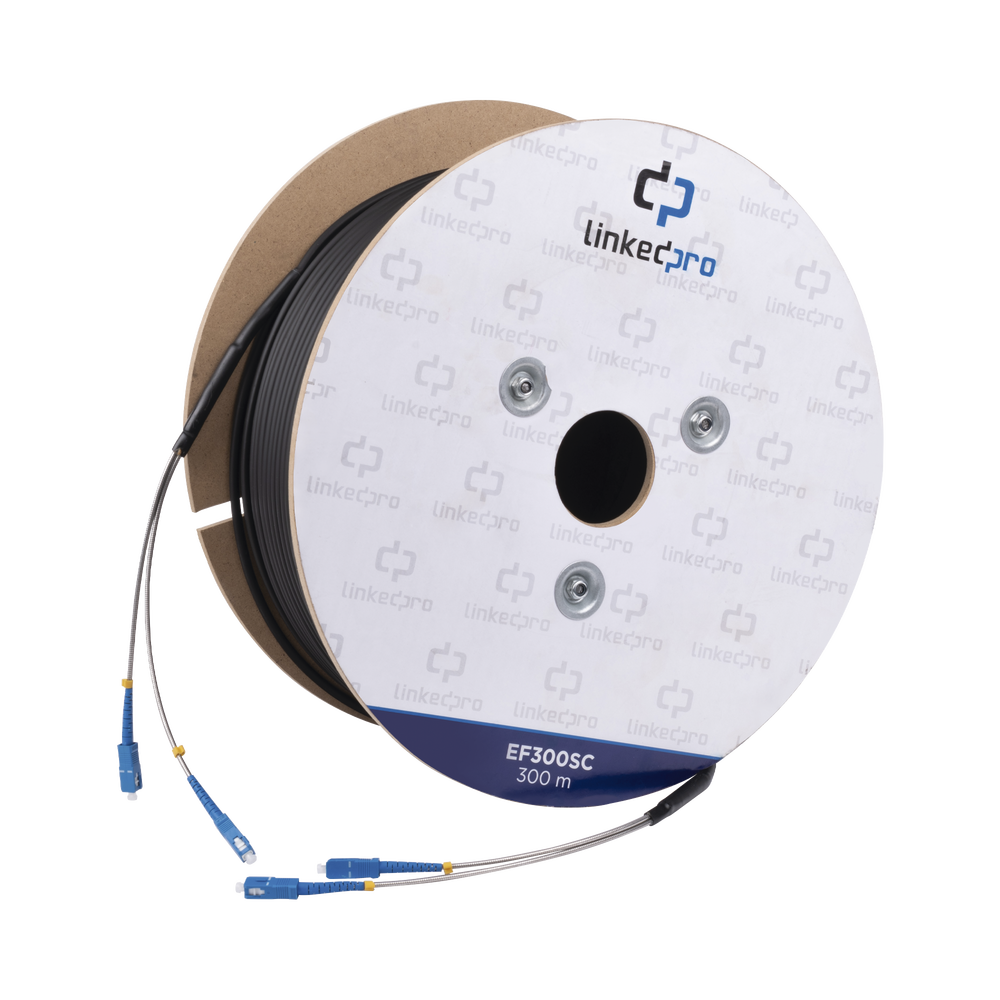 Carrete de Fibra Óptica Monomodo con conectores SC-SC Duplex, Reforzada con Kevlar, de 300 metros