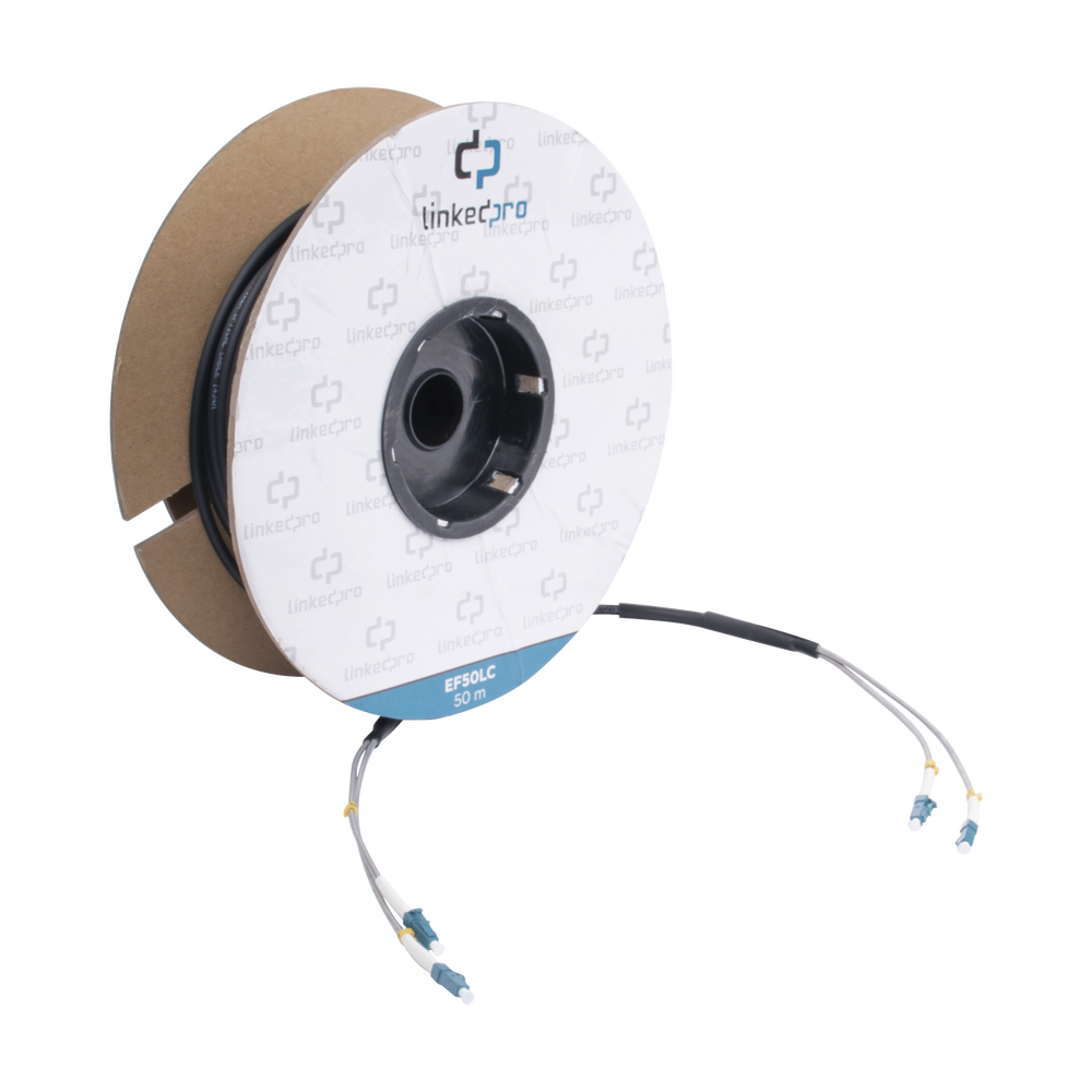 Single-mode fiber optic reel with LC-LC Duplex connectors, reinforced with Kevlar, 50 meters