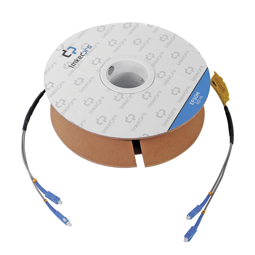 Carrete de Fibra Óptica Monomodo con conectores SC-SC Duplex, Reforzada con Kevlar, de 50 metros