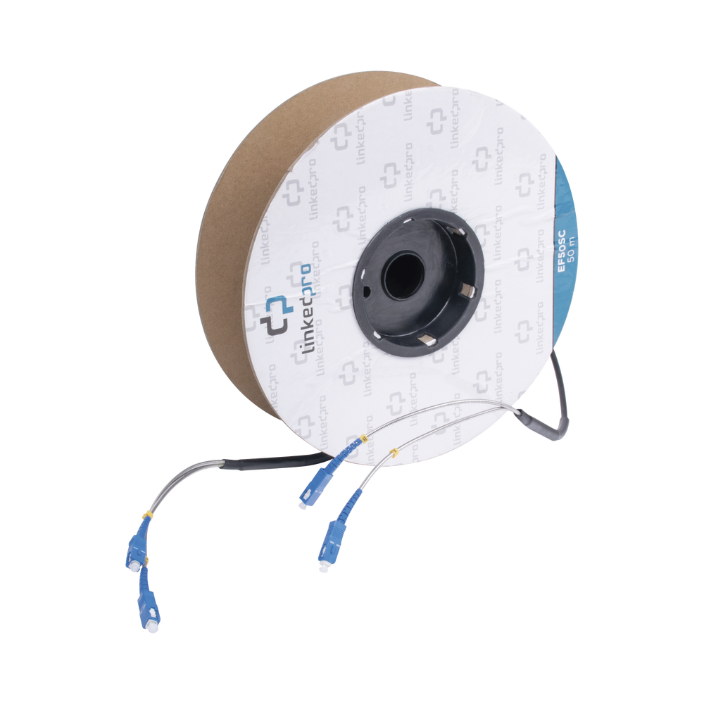 Single-mode fiber optic reel with SC-SC duplex connectors, reinforced with Kevlar, 50 meters