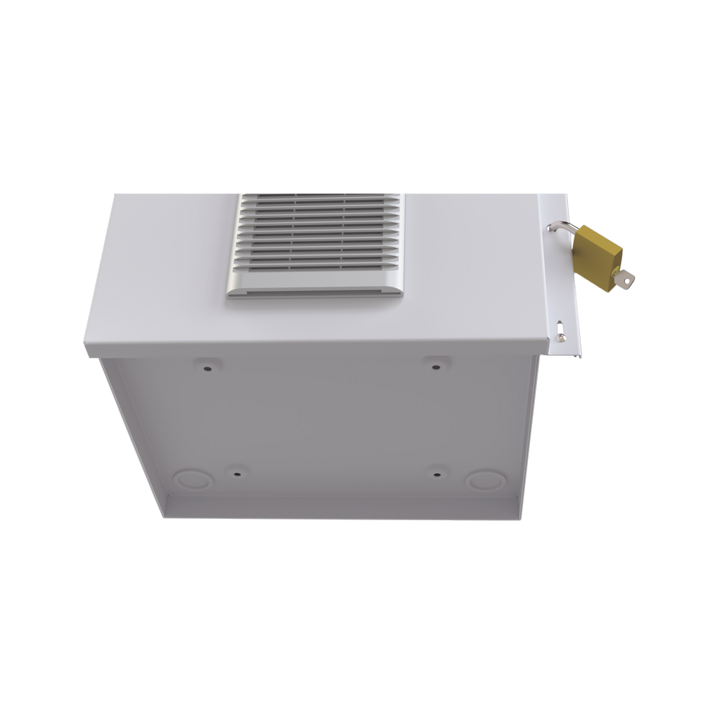 Gabinete Acero Galv. para 2 Baterías PL110D12 (400 x 730 x 300mm). Puerta Ventilada. Acc. para piso o poste No incluidos.