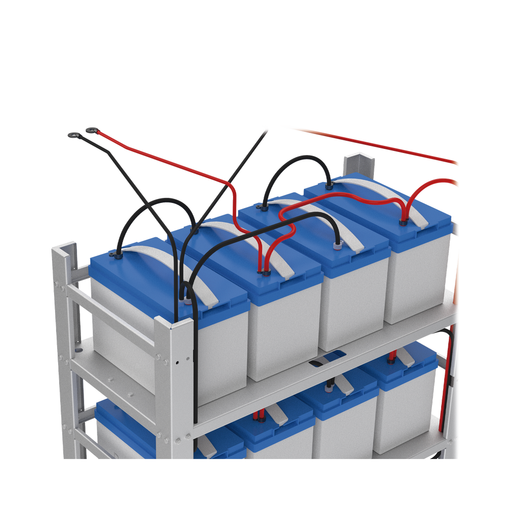 Estante Galvanizado de 3 Niveles para Instalación de 12 Baterías de Ciclo Profundo Similares a la PL-110-D12.