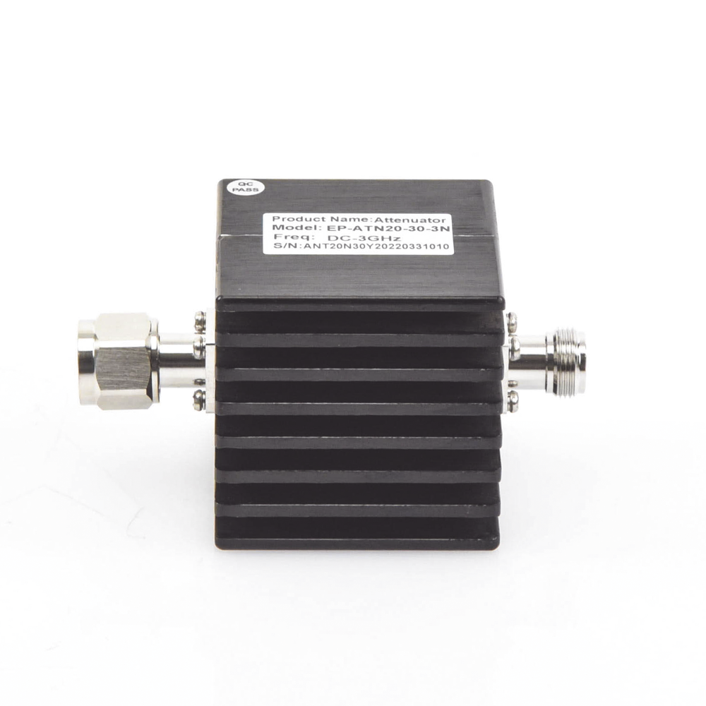 30 dB In-Line Attenuator, 20 Watt Max. CD-3 GHz, Indoor, N Male-Female.